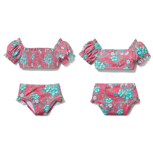 Раздельный детский милый купальник, короткий рукав, подходит для подростков, открытые плечи, цветочный принт