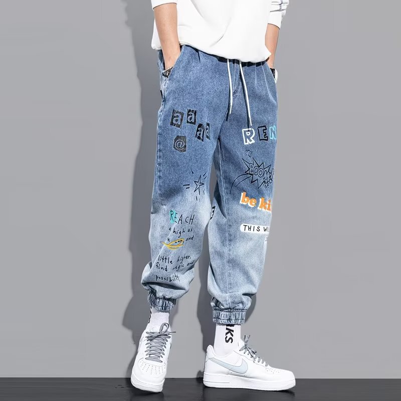 Autumn Trendy Tie-Dye Jeans for Men, Loose Graffiti Casual Pants for Junior High School Students, Jogger Printed Cartoon Wide-Leg Pants