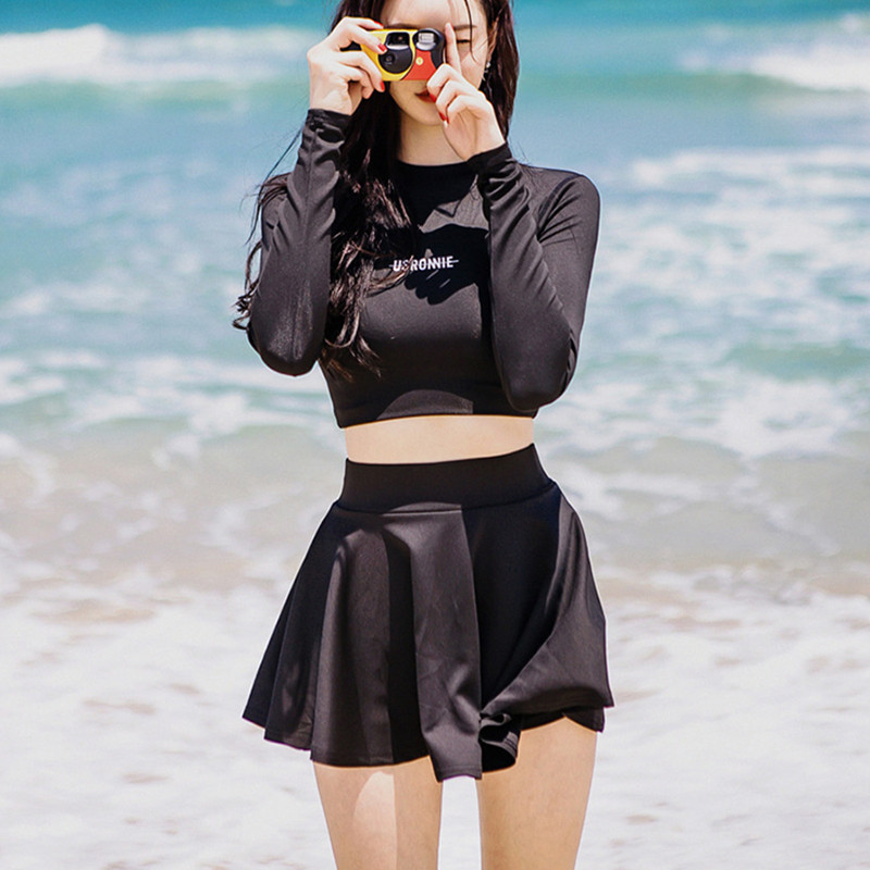 Korean ins style diving suit swimsuit women's long-sleeved sunscreen high-waist two-piece gathered conservative slim skirt swimsuit