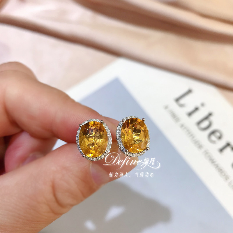 Серьги 奢华气质招财天然黄水晶耳钉女款925银时尚满钻黄色宝石耳饰礼物