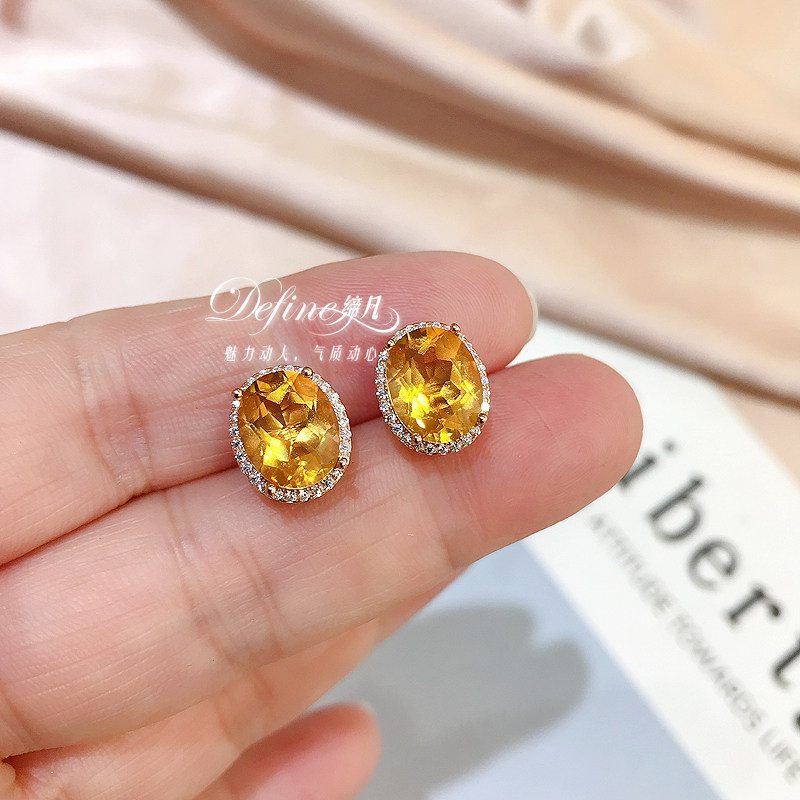 Серьги 奢华气质招财天然黄水晶耳钉女款925银时尚满钻黄色宝石耳饰礼物