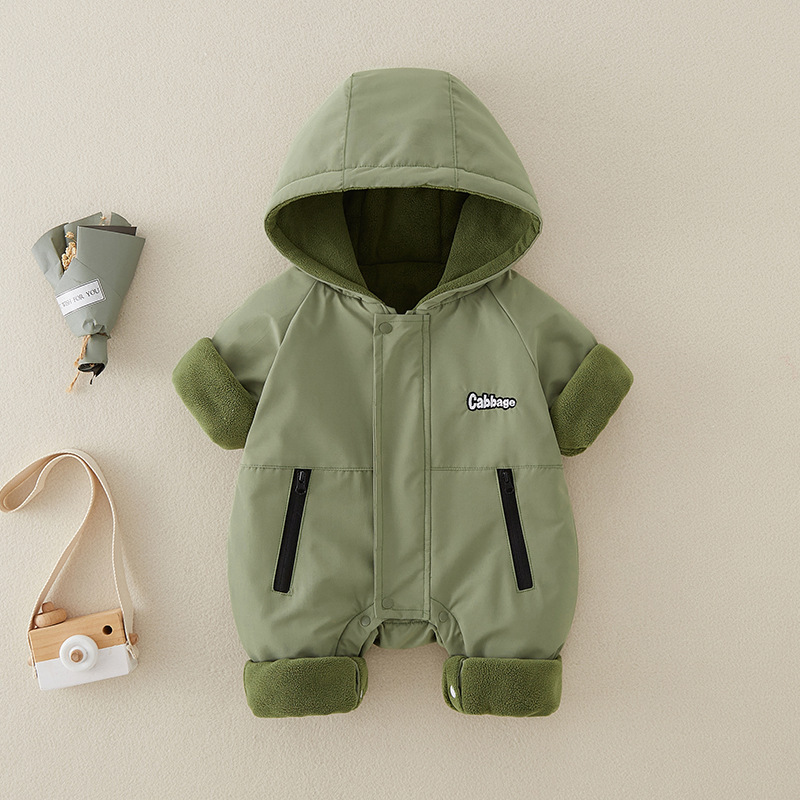 Baby Boy's Winter Padded Jumpsuit Jacket, Super Cute Fleece-Lined Windproof Jacket, Infant Autumn and Winter Outdoor Crawling Suit