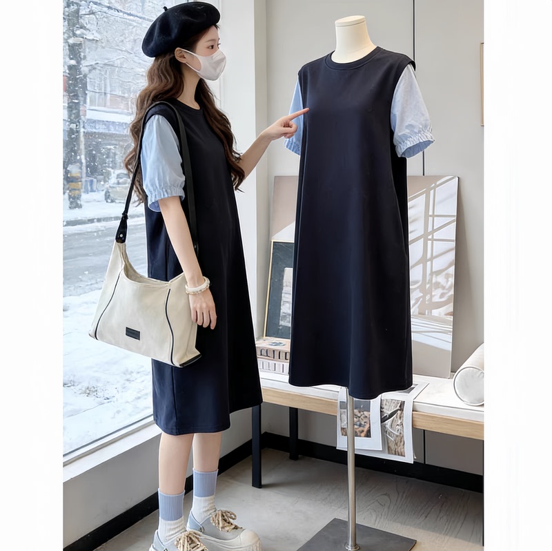 Maternity Wear, Summer Dress, High-End Style for Pregnant Mothers, Loose-Fitting, Stylish Short-Sleeved Patchwork Skirt Set for Outings