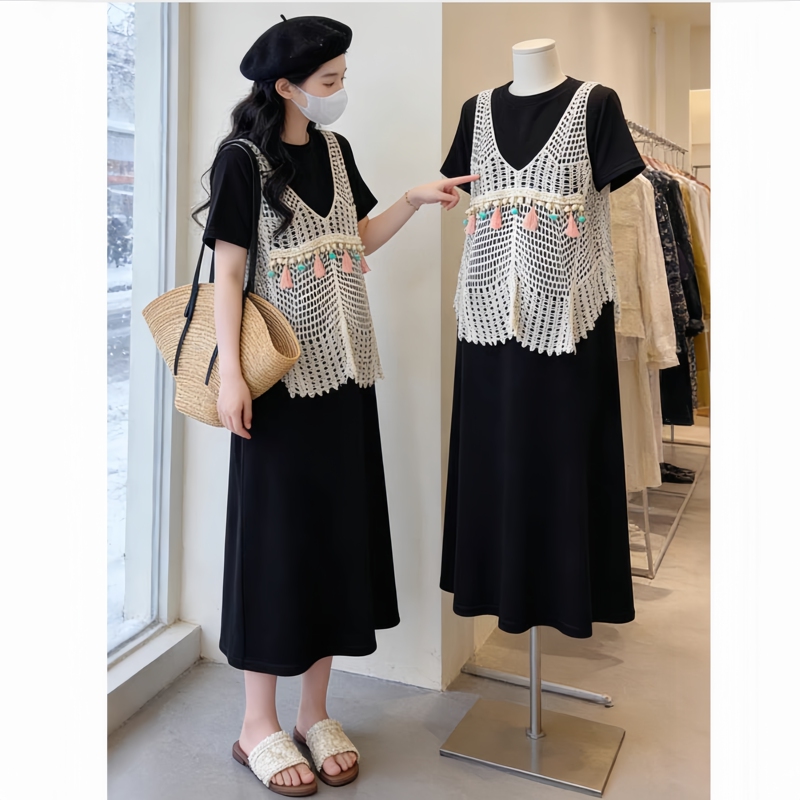 Pregnant Women's Summer 2026 New Large Size Non-Visible Pregnancy Layering Suit Long Skirt Gentle Slimming Belly-Covering Dress for Women