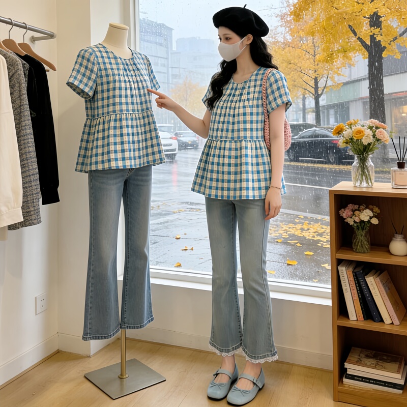 Maternity Summer Outfit Set, Fresh and Not Revealing Pregnancy, Top and Slightly Flared Jeans Two-Piece Set with a High-End Feel Maternity Summer Outfit Set, Fresh and Not Revealing Pregnancy, Top and Slightly Flared Jeans Two-Piece Set with a High-End Feel
