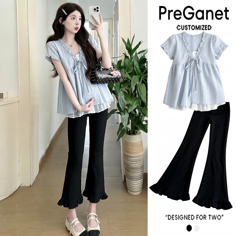Maternity Wear Set, Summer Loose-Fitting Babydoll Shirt and Pants Two-Piece Set, High-End Style for Pregnant Mothers to Wear When Going Out for Prenatal Check-Ups in Summer Maternity Wear Set, Summer Loose-Fitting Babydoll Shirt and Pants Two-Piece Set, High-End Style for Pregnant Mothers to Wear When Going Out for Prenatal Check-Ups in Summer