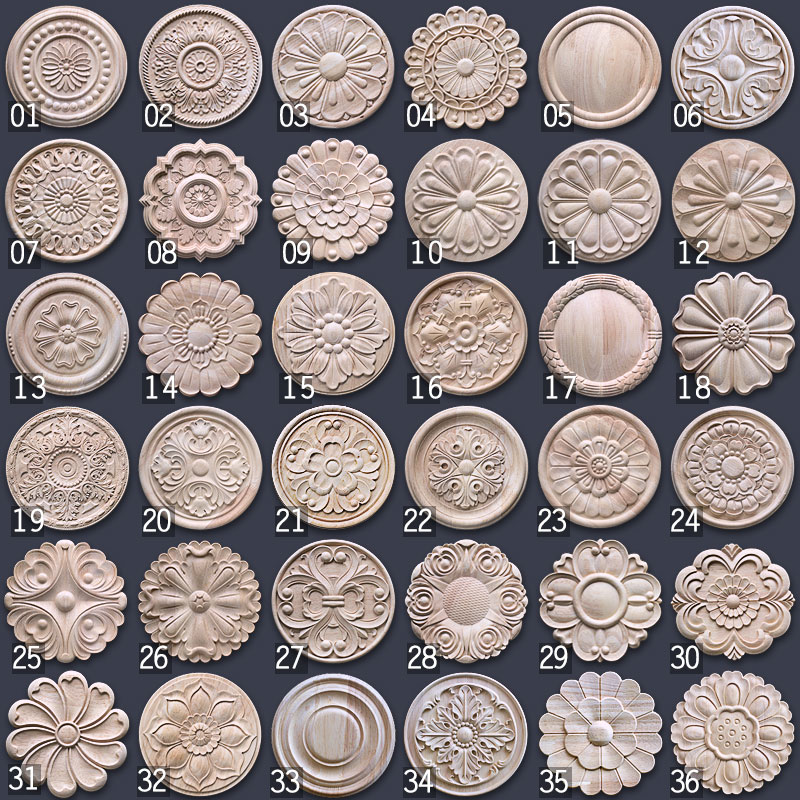 Dongyang wood carving flower round decal door heart flower cabinet European furniture decoration solid wood carving patch disc