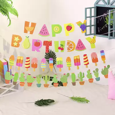 Kindergarten activity decoration Small fresh canvas strip cactus pull flag baby birthday party supplies Fruit canvas strip