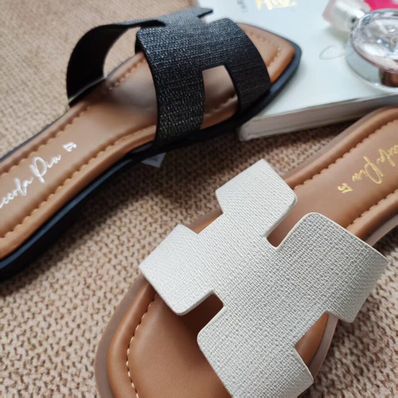 Foreign Trade Export Women's Slippers for Outdoor Wear, Solid Color, Flat, Non-Slip, Fashionable, Suitable for Beach, Office, Vacation, Comfortable, Open-Toe H-Style Slippers
