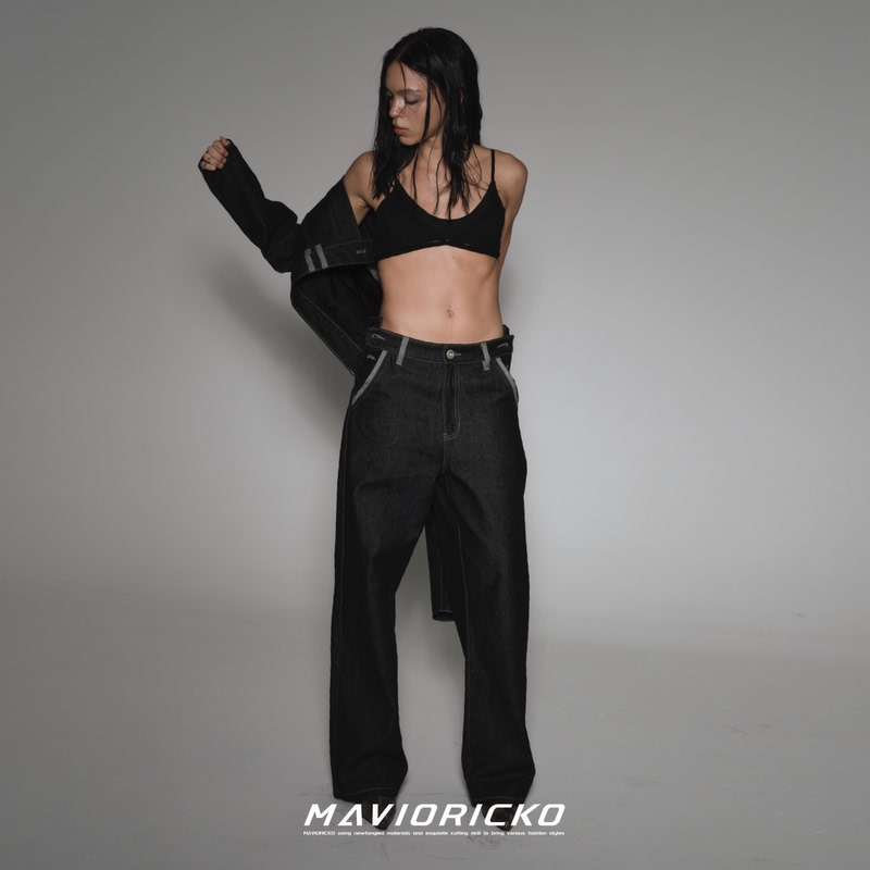 Mavioricko Button Waistband Detachable Black Raw Denim Straight-Leg Casual Jeans