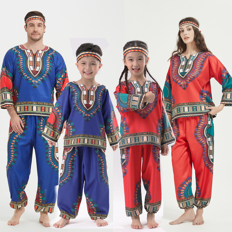 African Drum Performance Costumes, Primitive Hand Drum Performance Costumes, African Primitive Tribal Indian Ethnic Style Clothing, Parent-Child Outfits