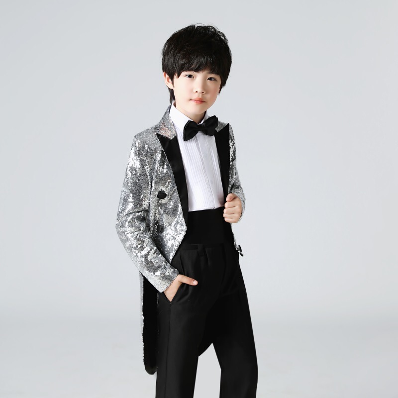 British Court-Style Tailcoat Mid-Length Color-Blocked Suit for Men, Double-Breasted Sequin Suit for Hosting Performances, Children's Formal Wear