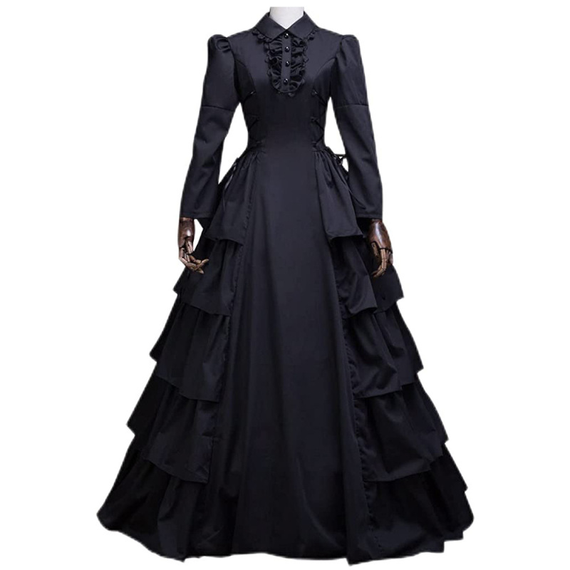 European Medieval Retro Dress for Women, Waist-Cinching, Large Hem Skirt, Gothic Style Lace Long Skirt, Witch Costume