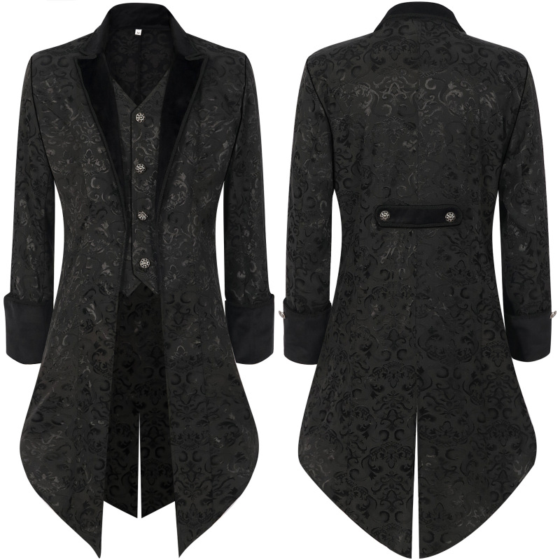 British Court-Style Velvet Patchwork Suit Collar Jacket for Men, Gothic Style Mid-Length Faux Two-Piece Jacquard Trench Coat British Court-Style Velvet Patchwork Suit Collar Jacket for Men, Gothic Style Mid-Length Faux Two-Piece Jacquard Trench Coat
