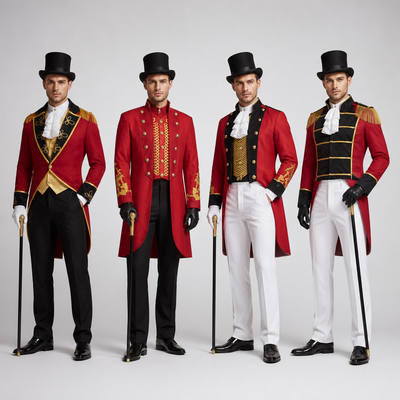 British court dress, ruffled lace shirt, medieval red tailcoat, circus performance gentleman's suit