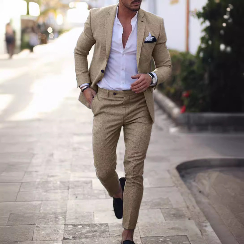 European and American Style Casual Beige Plus-Size Suit Set for Men, Business Slim-Fit Formal Wear, Stylish Trendy Suit for Young Men