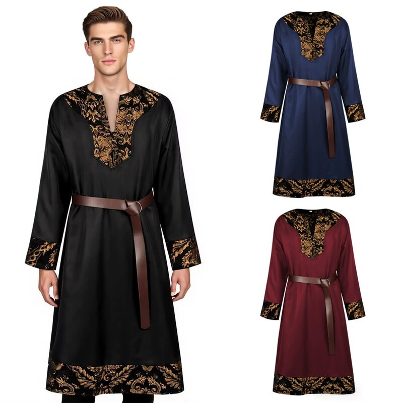 European and American Retro Gothic Style Long Waist-Tied Trench Coat for Men, Jacquard Patchwork Jacket, Knight's Long Robe, Performance Costume