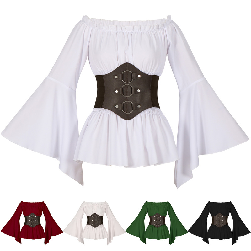 European and American Retro Casual Medieval Off-Shoulder Shirt for Women, Western Cowboy Corset Leather Armor Bell-Sleeve Shirt