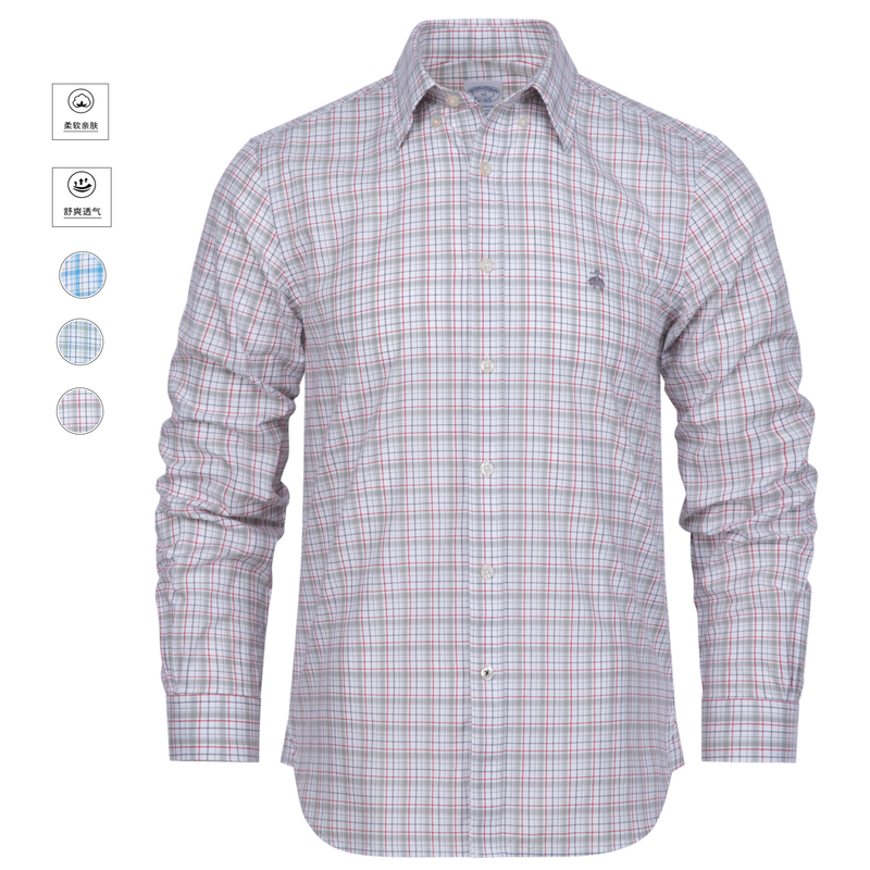 Brooks Genuine Plaid Long-Sleeve Shirt American Business Casual Pure Cotton Slim Fit Non-Iron Shirt for Men