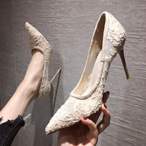 High heels women 2021 Summer new 100 hitch with less feminine sensals and pointed lace breathable mesh yarn single shoes
