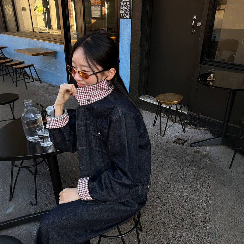 Acme Ground【Color-Blocked Denim】Instantly Transforms into a Three-Quarter Length Plaid-Lined Slimming Denim Jacket 22218
