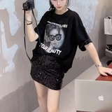 Длинная футболка, красивая спина, средней длины, европейский стиль, свободный крой, короткий рукав, круглый воротник