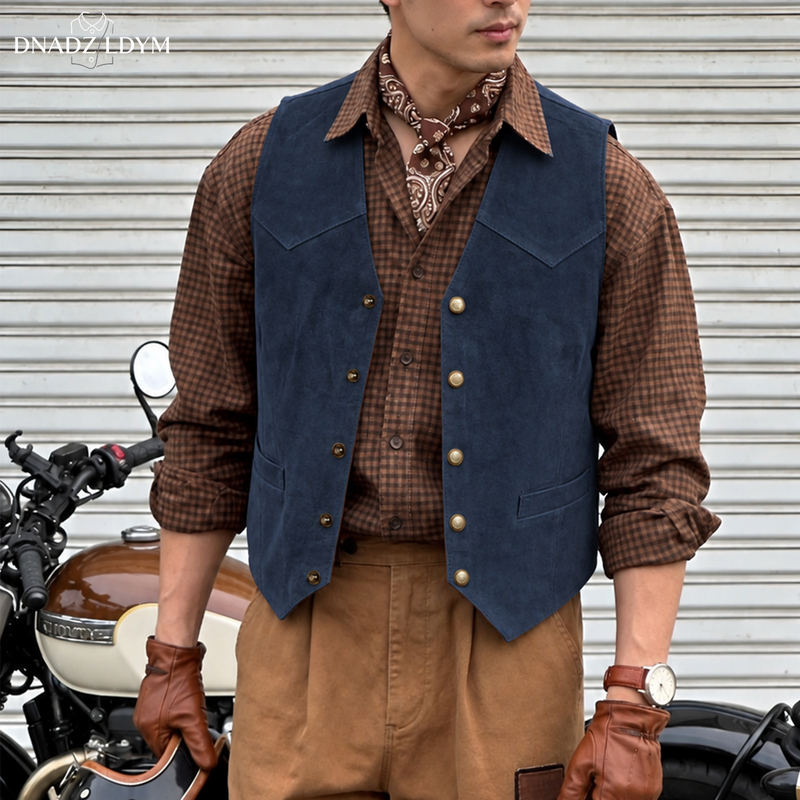 2026 New Suede V-Neck Vest for Men, Slim Fit, Waist-Cinching, Western Cowboy Casual Outerwear, Loose-Fitting Waistcoat for Men