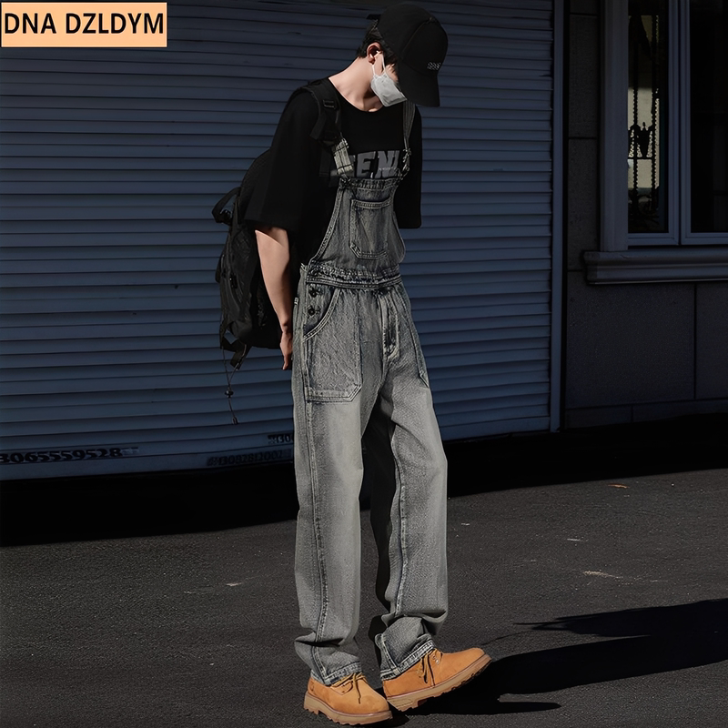 Autumn and Winter Retro Denim Overalls for Men, Loose Straight-Leg Trendy Casual Jumpsuit Work Pants, Slimming Suspenders Pants for Men and Women
