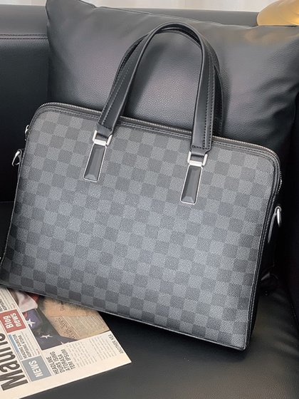 手提包男潮牌休闲商务格子男士单肩包PU皮时尚出差公文包文件包