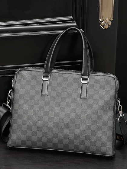 手提包男潮牌休闲商务格子男士单肩包PU皮时尚出差公文包文件包