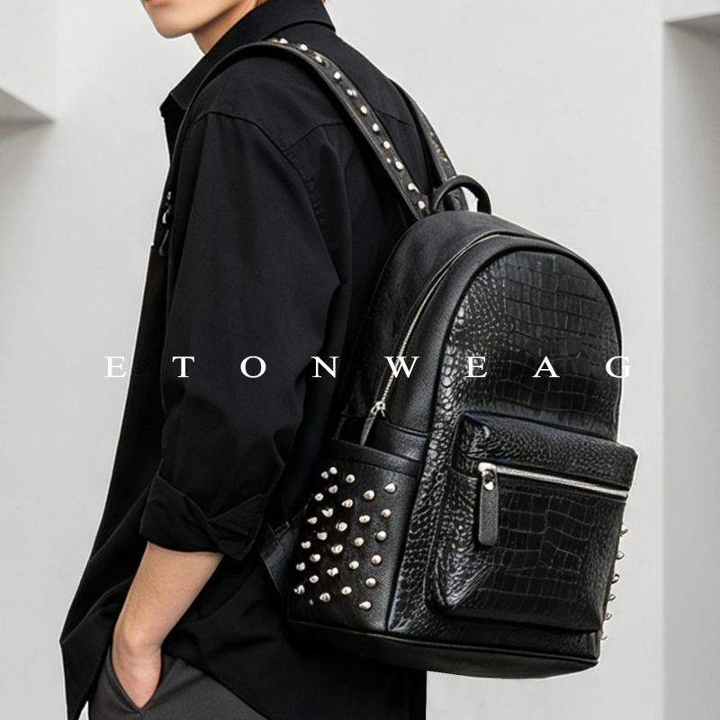 Korean Style Crocodile Pattern Studded Backpack Trendy Backpack Laptop Bag Student School Bag Unisex Couple Bag Trendy Backpack