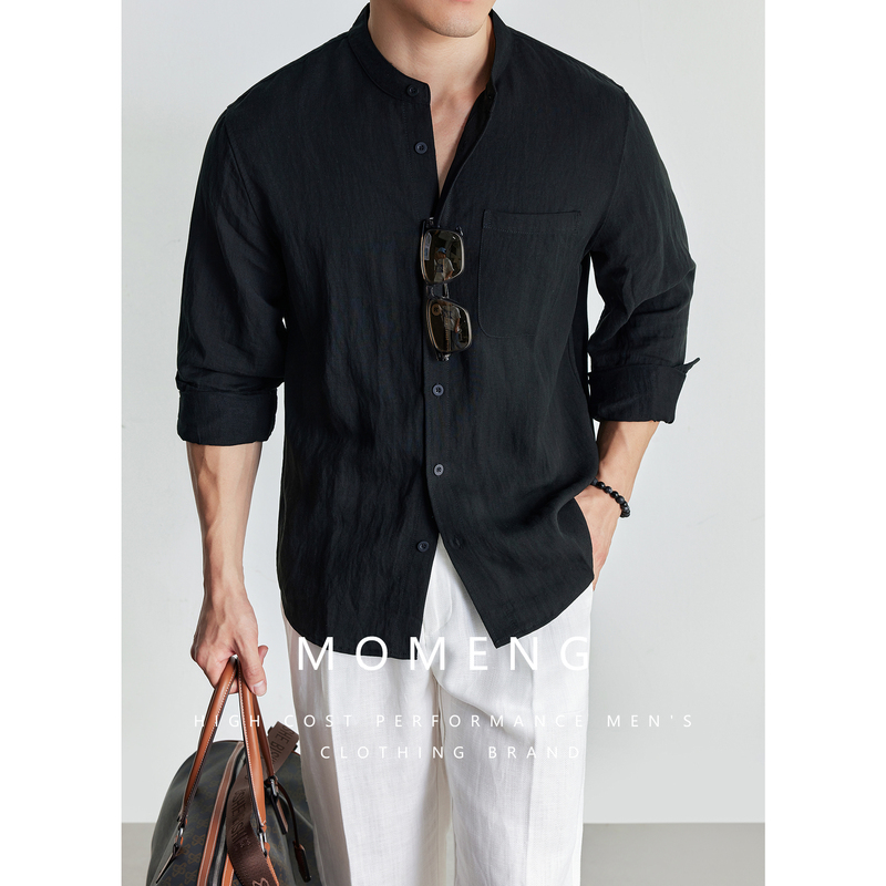 [Tencel Linen] Italian-Style Old Money Relaxed Ice Silk Linen Shirt for Men, Long-Sleeved Stand Collar with Pocket, Black Shirt