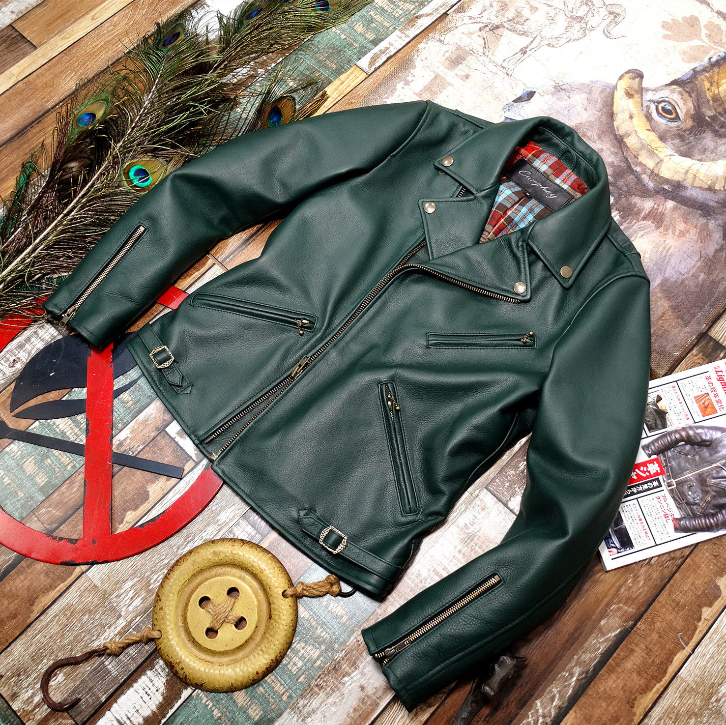 After the coupon 550 meters imported castration skin skin version of green retro locomotive male leather jacket