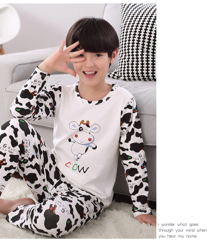 Mùa xuân và mùa thu Mùa hè Chàng trai Big Boy Pyjama Jingle Cat Cartoon Cotton Trường tiểu học Đàn ông dài tay Cotton Bộ dịch vụ nhà pijama nữ