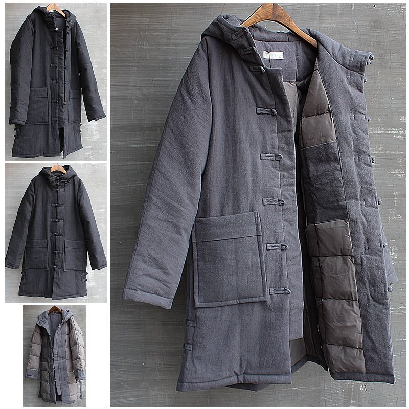 Chinese style original men's hooded down jacket Tang cotton coat Men's Chinese plate buckle cotton hemp cotton clothing medium and long version of large size
