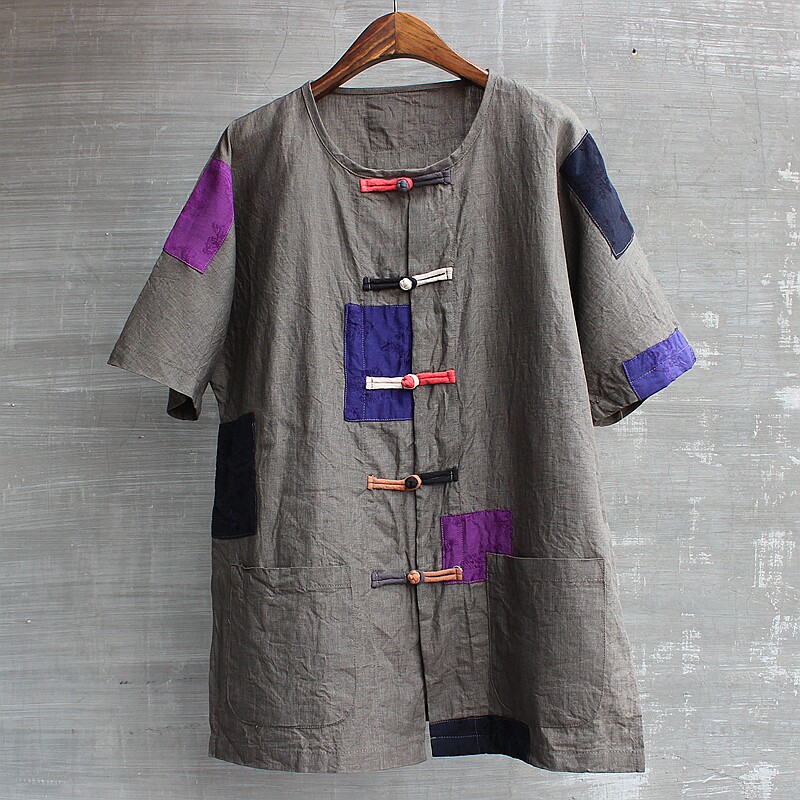 Men's youth popular patch short-sleeved linen summer shoulder-sleeve beggar clothing bena clothing personality Chinese shake sound net red