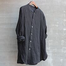  Mens spring and summer stand-up collar long-sleeved linen shirt original personality oblique lapel basic youth popular fashion white linen shirt