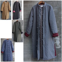  Retro Chinese style mens cotton coat Chinese plate buckle stand-up collar Mid-length quilted jacket cotton robe cotton hemp Tang suit jacket cotton