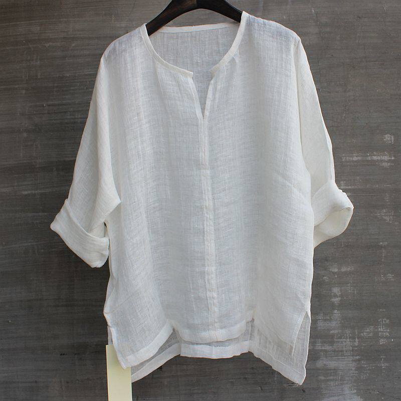 Men's crew neck Light through cotton linen shirt pullover T-shirt split sleeve literary retro simple short-sleeved top Large size