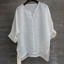 Mens round neck light thin cotton shirt shirt pullover T-shirt split sleeve art retro simple short sleeve top size