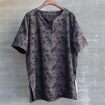 Male collarless summer jacquard cotton linen short sleeve Chinese style elegance Chinese T-shirt pullover shirt size fat casual