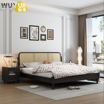 French ash wood solid wood rattan bed Nanyang style B&B retro Japanese style modern simple log rattan double bed