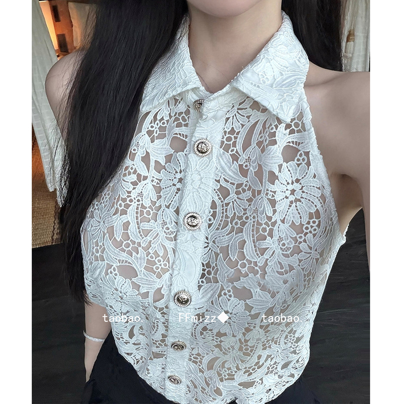 Ffmizz ◆ Heavy-Duty, Exquisite Lace Hollow-Out Lapel Sleeveless Shirt for Women, Chanel-Style Single-Breasted Embroidered Shirt.