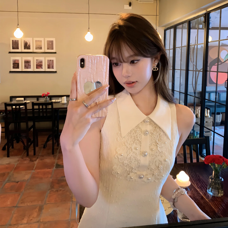 Ffmiss ◆ Light Luxury White Doll Collar Lace Beaded Dress French Style Diamond-Encrusted Hollow Waist-Cinching Party Short Dress Ffmiss ◆ Light Luxury White Doll Collar Lace Beaded Dress French Style Diamond-Encrusted Hollow Waist-Cinching Party Short Dress