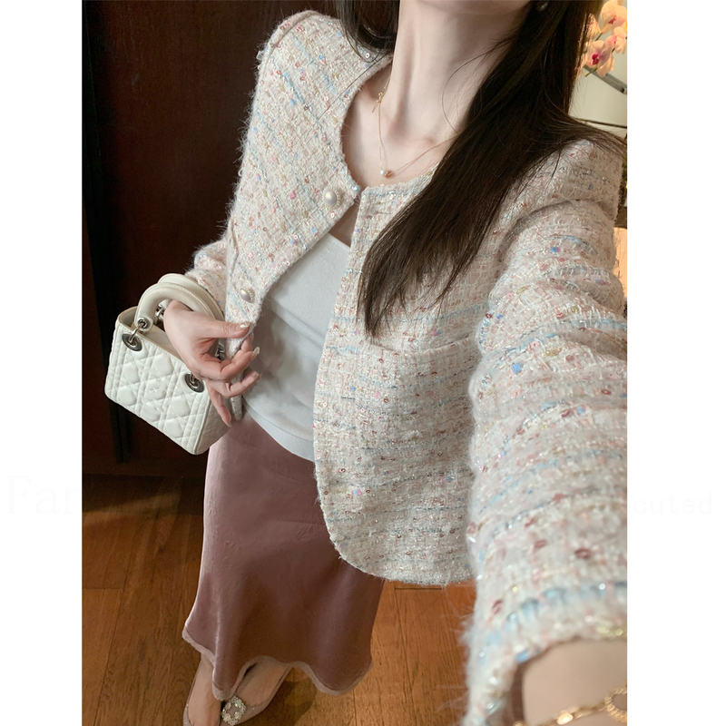 Ffmiss ◆ Socialite Pink Sequined Woolen Striped Short Coat for Women, Heavy-Duty Rhinestone-Embellished Tweed Woven Cardigan
