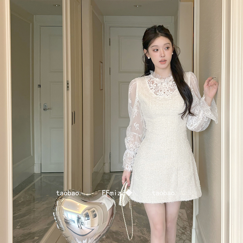 Ffmizz ◆ Palace-Style Lace Mesh Floral Long-Sleeved Dress for Women, Autumn French-Style Patchwork Waist-Cinching Fashionable Short Skirt