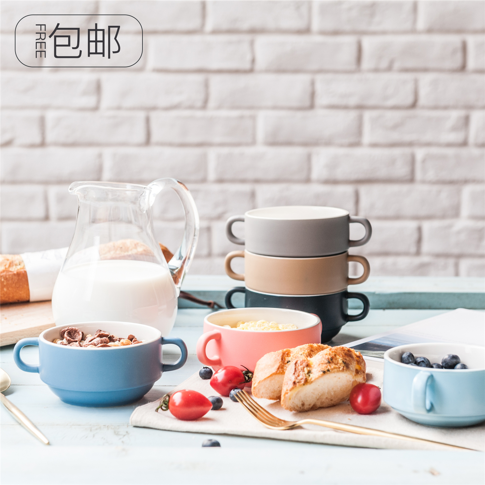 If Vegetarian Life Creative Ceramic Cutlery Day Style Toasted Bowls Steamed Egg Bowls Children Breakfast Salad Dessert Bowls Double Ear Soup