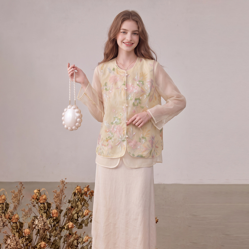 New Chinese-Style Yellow Vest and Light Gauze Top Set, 2026 Autumn Heavy Embroidery Sequin Elegant Two-Piece Set