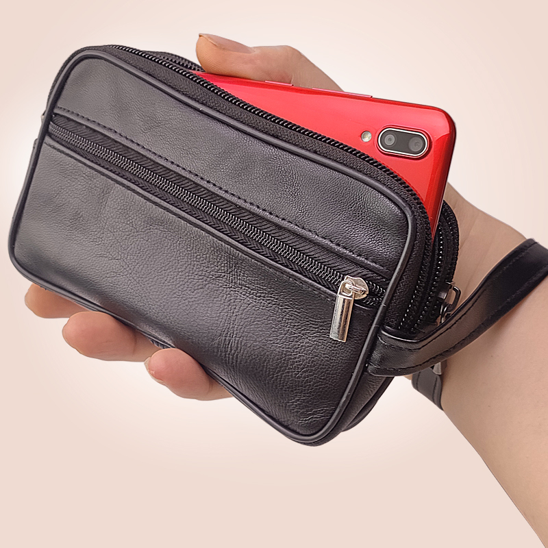 Sheepskin Wrist Bag Double Zipper Long Wallet Men's Leather Coin Purse Women's Banknote Bag Mobile Phone Bag Small Storage