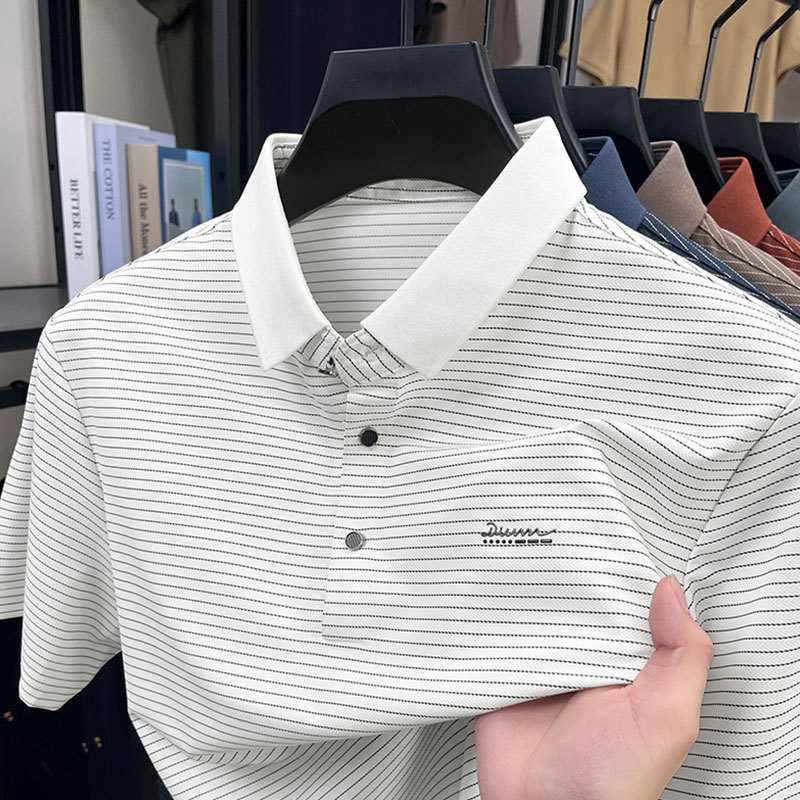 Dad Short-Sleeved T-Shirt Polo Shirt Summer Ice Silk Half-Sleeved Top Stripesd Loose Casual Versatile Middle-Aged and Elderly Summer Clothes